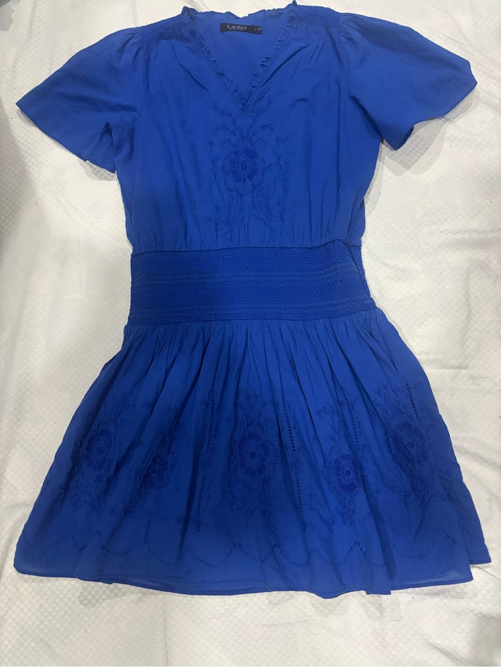 Ralph Lauren Royal Blue Embroidered Smocked Waist Dress